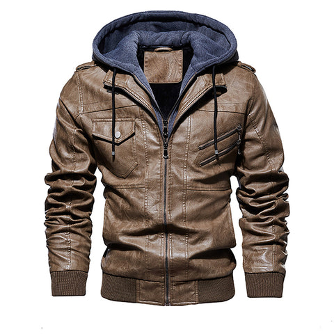 Men Hooded Leather Jacket Thick Motorcycle Windproof Male Casual Winter PU Jacket
