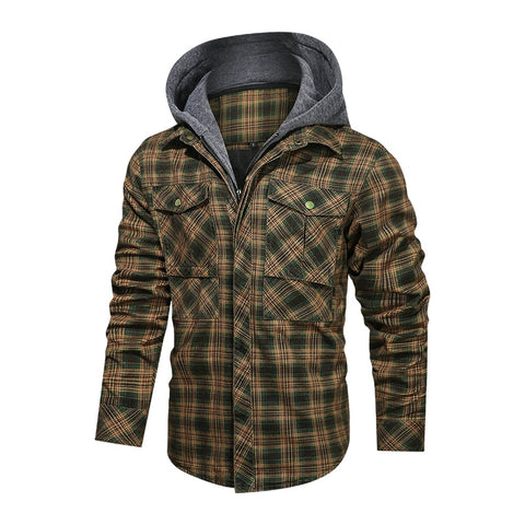 Men Long-sleeved Plaid Jacket Regular Fit Fleece Detachable Hoodies Jackets