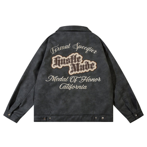 Embroidered Letter PU Leather Jacket For Men